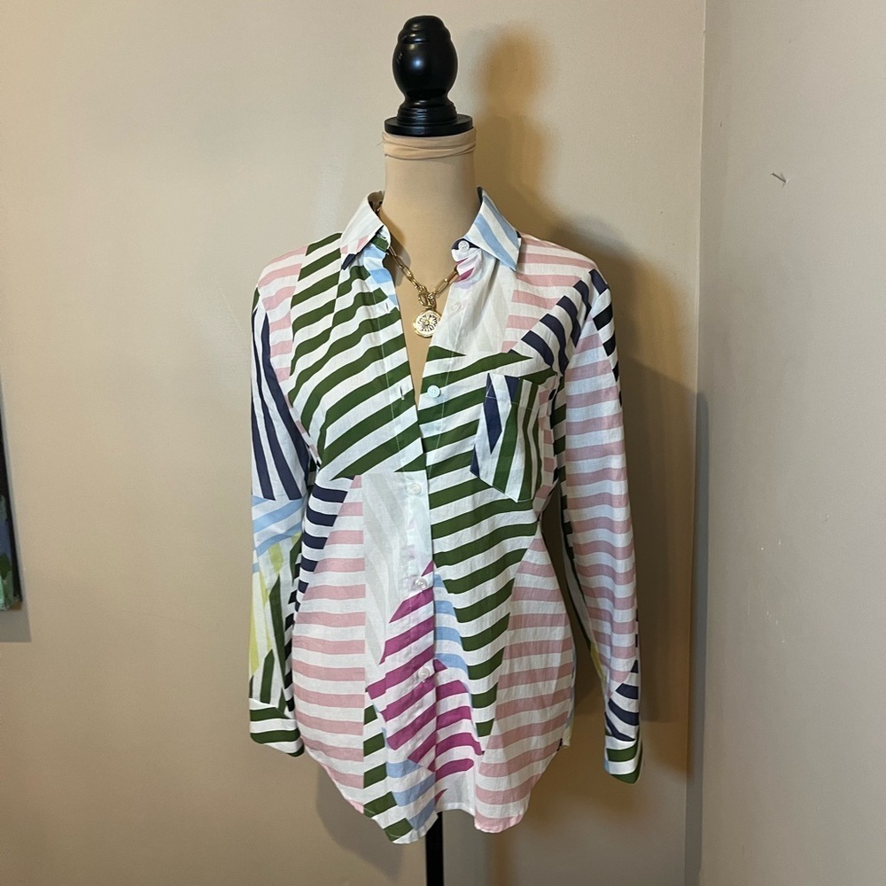 NWOT Le Superbe Striped Multicolor 100% Cotton Collared Button up size 6